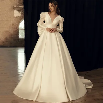 Princezna Moderní Saténové Svatební Šaty S Lukem 2023 Dlouhý Rukáv V Krku Svatební Šaty Pro Ženy, Otevřené Zpět Elegantní Vestidos De Noiva