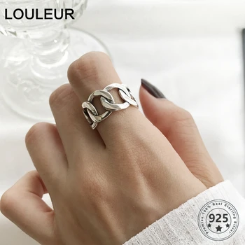 LouLeur 925 sterling silver široký řetěz prsteny stříbrné vintage divoké náměstí pás řetězce otevřené kroužky pro ženy stříbro 925 šperky dárek