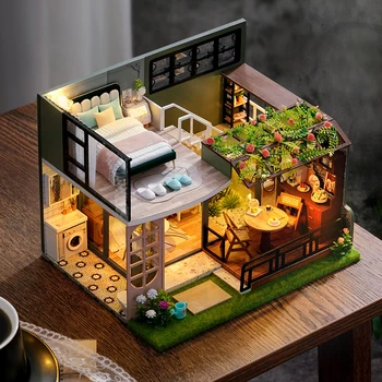 DIY Casa Dřevěný Domeček pro panenky Miniaturní Stavební Sada S Nábytkem Garden Villa domeček Shromáždění Hračky, Dárky k Narozeninám pro Přátele