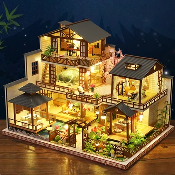 Velký Domeček Pro Panenky Diy Dům Kit Japonské Budově Villa Sestavit Model Dřevěný Nábytek Pro Panenky, Hračky Pro Děti, Vánoční Dárky