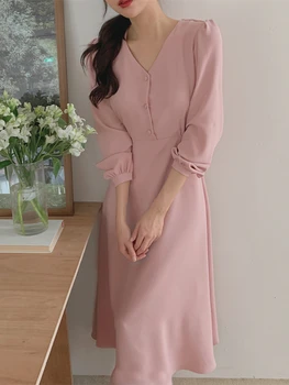 Léto Podzim Nové Midi Šaty Ženy Korea Styl Elegantní Elegantní Office Lady Módní Party Jeden Kus Oblečení