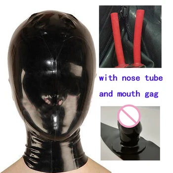 Sexy Exotické Ručně vyráběné Černé Latexové Pryže Plně Uzavřené Kapuce S úst roubík připojte hadičku Zadní Zip Masku Jednotné Vlastní