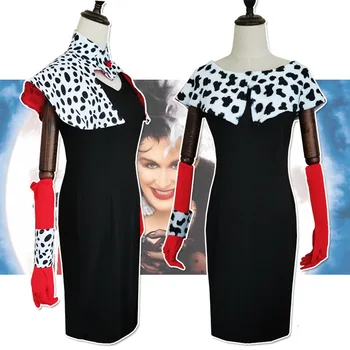 Cruella De Vil Cosplay Kostým Šaty 101 Dalmatinů s Cape Oblečení Halloween Jednotná Karneval Oblek pro Ženy, Dívky s Parukou