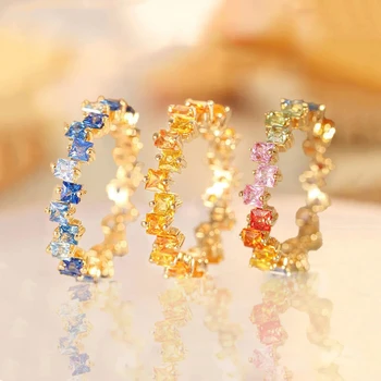 Rainbow Kolekce Stříbra Vykládané Náměstí Gradient Drahokam dámský Prsten Nastavitelné Jemné Romantické Světlé Luxusní Šperky