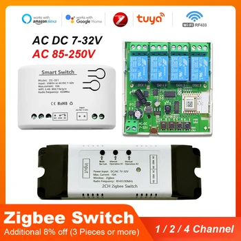 Zigbee Tuya Inteligentní Relé Modul On Off Regulátor 1/2/DC5V 4CH 7-32V AC 220V RF433Mhz Dálkové Ovládání Vypínač Práce S Alexa