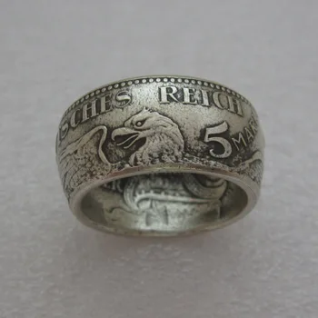 Německo, Mince, Prsten 5 MARKA 1913 'eagle' Stříbrný Pozlacený Ručně vyráběné Ve Velikostech 9-16