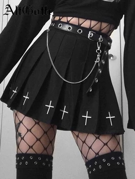 AltGoth Harajuku Punk Sukně Ženy Ebroidered Vysokým Pasem Skládaná Mini Sukně Tmavě Černé Gothic Y2k E-girl Fashion Alt Sukně Žena