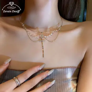 Crystal Střapec Cross Náhrdelník Světlo Luxusní Jednoduché Klíční kost Řetěz Náhrdelník Šperky pro Ženy, Náhrdelník Řetěz