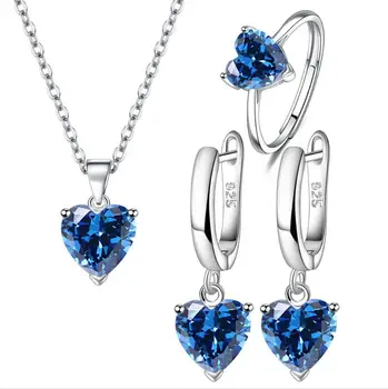 925 Sterling Silver Srdce Akvamarín Crystal Šperky Set Pro Ženy, Náhrdelník, Náušnice Ring Módní Svatební Party Dárek