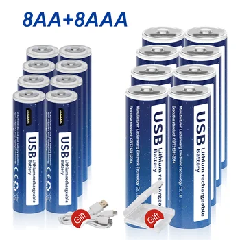 8ks USB 1,5 V Li-ion AA Dobíjecí Baterie 2800mWh+8ks 1.5 v AAA, USB Dobíjecí Baterie AAA 1110mWh s USB Kabelem