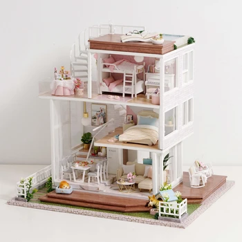 DIY Dřevěná Vila Panenku Dům Kit S Miniaturní Nábytek, Světla, Takže Dobře Casa Domeček pro panenky Hračky Roombox Pro Dospělé Vánoční Dárky
