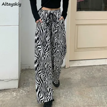 Kalhoty Dámské Krajka-up Nastavitelný Vzor Zebra Pruhované Módní Loose Volný čas Stylové Rovné Kalhoty Dámské Pohodlné Elegantní