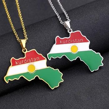 Kurdistán Mapě Náhrdelník Pro Ženy, Muže Řetízky Zlaté Barvy, Kurdistán, Vlajka, Mapa Přívěsky Náhrdelník Z Nerezové Oceli Šperky Dárek Límec