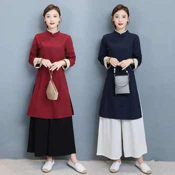 2022 nových bavlny a konopí Tang šaty Čínský styl čaj šaty ženy pracovní oblečení Ležérní topy