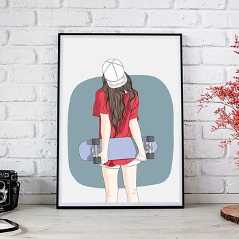 Dospívající Dívka S Skateboard Print Power Wall Art Malířské Plátno Tisků Dívky Dárek Moderní Obrazy Obývací Pokoj, Ložnice Zeď Plakát