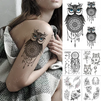 Vodotěsný Dočasné Tetování Nálepka Sova Fox Peří Růže Květ Line Peří body Art 3D Falešné Tatto Muži Převodu Tetování