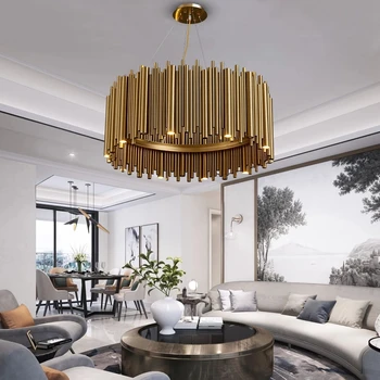 Luxusní Zlatý Lustr Pro Obývací Pokoj Moderní LED Home Dekor Závěsné Svítidlo z Nerezové Oceli Kolo Kreativní Design, Vnitřní Osvětlení