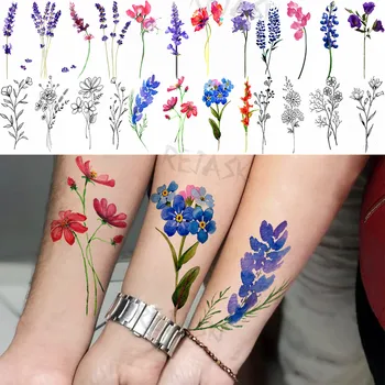 Malé Ruce Akvarel Květina Dočasné Tetování Pro Ženy, Dospělé Levandule, Tulipán Realistické Falešné Tetování Zápěstí Vody Převodu Tetování