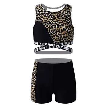 Dítě, Dívka, Jóga Set Sportovní Oblek Cvičení Gymnastika Activewear Tepláky Oblečení Leopard Nádrže Crop Topy+Šortky Fitness Sportovní Oblečení