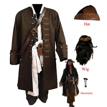 Jack Sparrow Cosplay oblečení Piráti z Karibiku Bunda Vesta Pásek, Košile, Kalhoty, Kostým Halloween Paruku a klobouk, Boty
