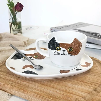 200ML Roztomilý Kočka Keramický Kávový Set S Rukojetí Šálky Lžíce Kreativní Zvířat Šálek Kávy Creative Čajový Set Káva Čaj Novinkou Mléka
