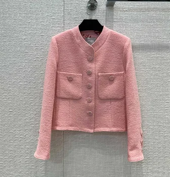 Evropské a Americké ženy je nosit na jaře roku 2022 nový Dlouhý rukáv límec módní Růžové single-breasted tvídový kabát