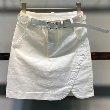 2022 v létě nová plná barva tlačítko džínové sukně žen s vysokým pasem, ležérní taška hip jeden krok krátká sukně