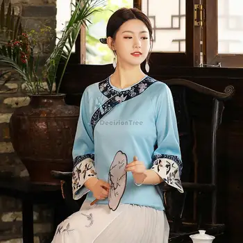 2023 retro čínský styl květinové tištěné tang oblečení, čajová konvice top dámské krátké neformální kulatý límec lepší cheongsam qipao halenka g453