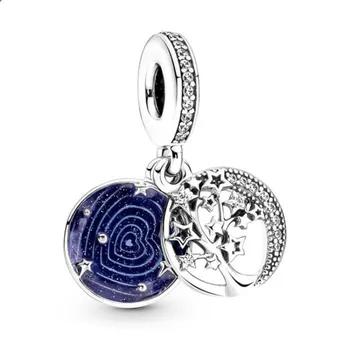 Autentické 925 Sterling Silver Dvojité Houpat Tree & Galaxy Měsíc Korálek Kouzlo Fit Ženy Pandora Náramek & Náhrdelník Šperky