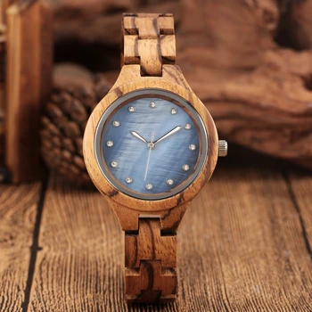 Okouzlující Stručné Blue Dial Drahokamu Quartz Dřevěné Hodinky Dámské Nastavitelné Dřevěné Kapela Náramek Hodinky Dámské Náramkové Reloj Mujer