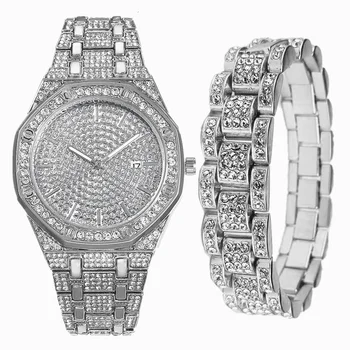 Plný Ledový Náramek Hodinky pro Muže Bling Hodinky Podnikání Quartz náramkové Hodinky Hip Hop Gold Diamond Mužské Šperky Set Reloj Hombre