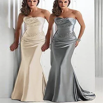 Elegantní Stříbrné Šampaňské Mořská Panna Večerní Šaty 2022 Bez Ramínek Plus Velikost Dlouhé Šaty Na Ples Hedvábný Satén Párty Šaty Ženy