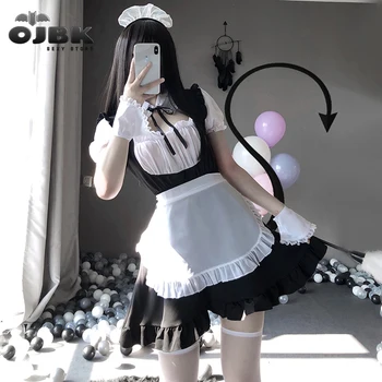 Sexy Roztomilé Krajky Černé a Bílé Maid Dress Role Play Kostým Transparentní Šifon Anime Cosplay Jednotné Pokušení Oblek 0613