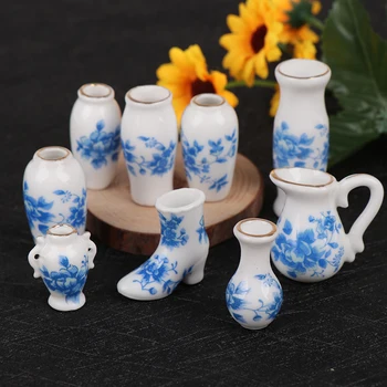 Mini Porcelánová Váza Příslušenství Panenky Dům Miniatury Příslušenství Ozdobné Vintage Modré A Bílé Porcelánové Domeček Pro Panenky