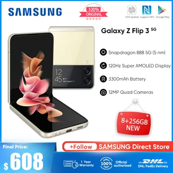 2022 Samsung Galaxy Z Flip 3 5G Smartphone Flip3 120Hz Displej, 8GB 256GB Snapdragon 888 6.7