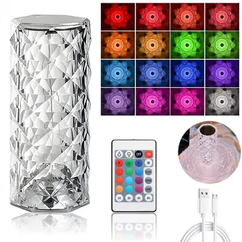 Crystal Diamond Stolní Lampa, 16 Barev USB Nabíjení Dotyková Lampa noční Noční Světlo s Dálkovým ovládáním, Akryl Růžové Paprsky Světla