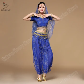 Ženy Bollywood Dance Kostýmy Sady Indické Břišní Tance Sari Dancewear Mince Šifon Top, Opasek, Kalhoty Se Závojem Čepice Oblek