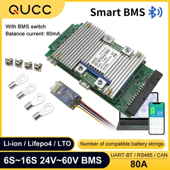 Qucc Smart BMS 6S-16 80A s Bluetooth UART 485 MŮŽE 7S 8S 10S 12S 13S 14S 15S 24V 36V 48V 60V Pro Li-Ion Lifepo4 Baterie
