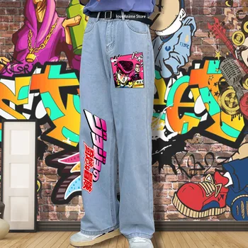 Anime Kalhoty Pánské Džíny Letní Harajuku Volné Streetwear Kreslený Y2k Džíny Hip Hop Širokou Nohu Kalhoty JoJo Bizarní Dobrodružství Kalhoty