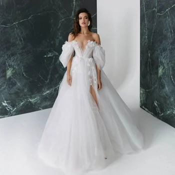 2022 Bílá Svatební Šaty Hluboké V Neck Nášivka Tyl Pláž Robe de Mariage Vysoké Split Svatební Host Šaty vestido de novia