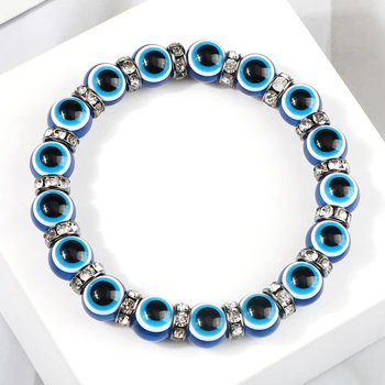 Turecké Modré Evil Eye Náramky Štěstí Přeje Crystal Distanční Pryskyřice Korálky Náramek Ženy Muži Ruční Práce Pružné Lano Náramek Šperky