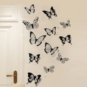24 ks/set Černá bílá 3D butterfly Zeď Nálepka Svatební Dekorace ložnice obývací pokoj Domácí Dekor Motýli Obtisky samolepky
