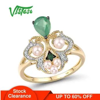 VISTOSO Zlaté Prsteny Pro Ženy, Čisté 14K 585 Žluté Zlato Prsten Smaragd Čerstvé Vody Pearl Diamond Zásnubní Výročí Jemné Šperky