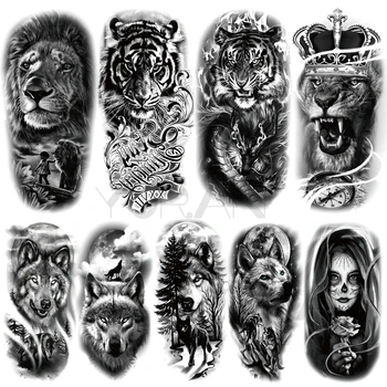Velký Lev Dočasné Tetování Pro Ženy, Muže, Tygr, Vlk, Upír, Lesní Květina Koruna Kompas Falešné Tetování Nálepka Paže, Tělo, Tetování