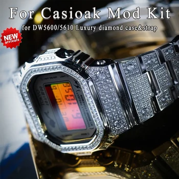 Luxusní Surround Set Diamond Styl se Hodí pro Casioak DW5600 5610 Mod Kit Watchband z Nerezové Oceli, Drahých Kovů Případě Lůžkem Popruh