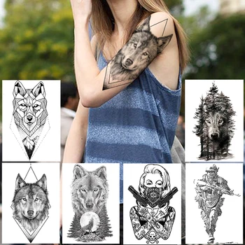 Geometrické Rhombus Wolf Dočasné Tetování Černá Henna Tetování Nálepka Pro Muže, Ženy, Voják, Bojovník, Umění Těla Paže Noha Tetování Papír