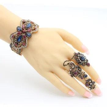Ročník Turecké Ženy Duté Květ Náramek Prsten, Retro Šperky Sady Symetrické Motýl Náramek Manžety Révy Double Finger Ring