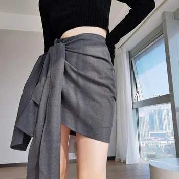 TVVOVVINKorean Street Trend Style Vysokým Pasem Slim Straně Vázané Konstrukce-Line Mini Sukně Plná Barva Záhyby Dámské Módní W9EZ