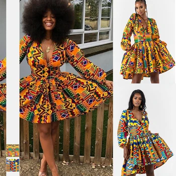 Nové Africké Oblečení Hot Prodej Národního Stylu Digitální Tištěné Women ' s Wear s Dlouhým Rukávem V-neck Šaty Sexy s hlubokým Výstřihem Sukně
