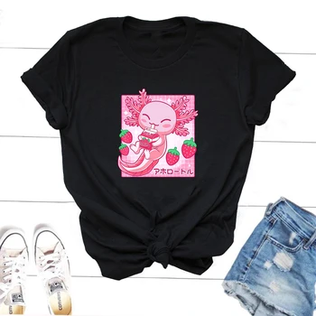 Kawaii Axolotl Jahodový Mléčný Koktejl Kreslené Japonské Anime T Shirt Letní Bavlna Krátký Rukáv Tričko Žena Oblečení Trička